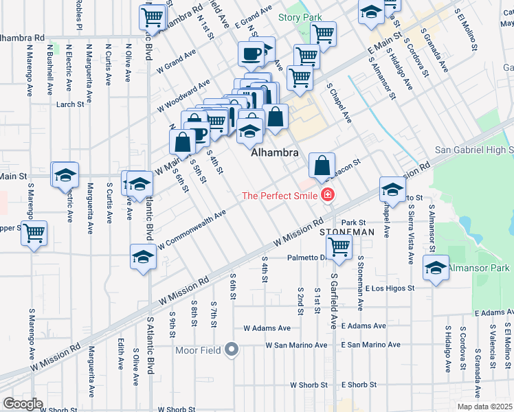 map of restaurants, bars, coffee shops, grocery stores, and more near 302 West Commonwealth Avenue in Alhambra