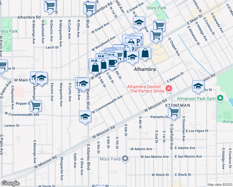 map of restaurants, bars, coffee shops, grocery stores, and more near 131 South 5th Street in Alhambra