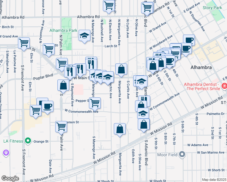 map of restaurants, bars, coffee shops, grocery stores, and more near 33 Marguerita Avenue in Alhambra