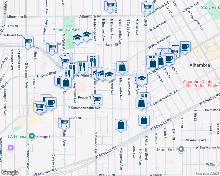 map of restaurants, bars, coffee shops, grocery stores, and more near 29 Electric Avenue in Alhambra