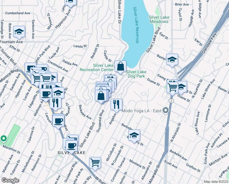 map of restaurants, bars, coffee shops, grocery stores, and more near 1753 Silver Lake Boulevard in Los Angeles