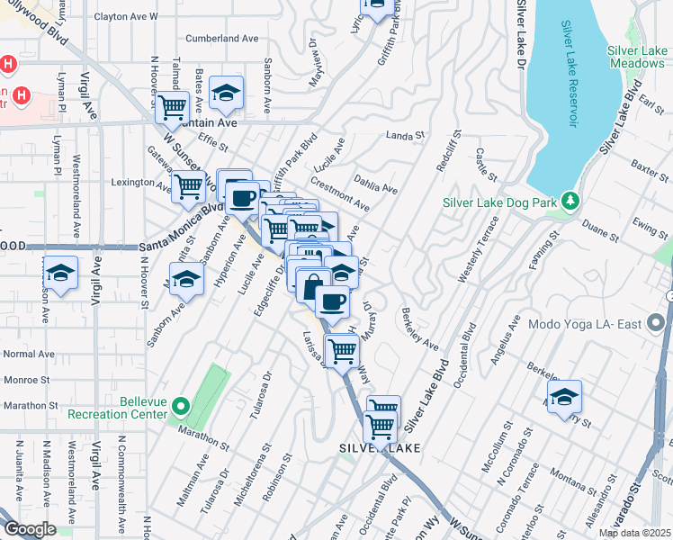 map of restaurants, bars, coffee shops, grocery stores, and more near 1606 Golden Gate Avenue in Los Angeles