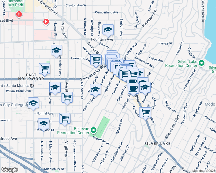 map of restaurants, bars, coffee shops, grocery stores, and more near 1016 Sanborn Avenue in Los Angeles