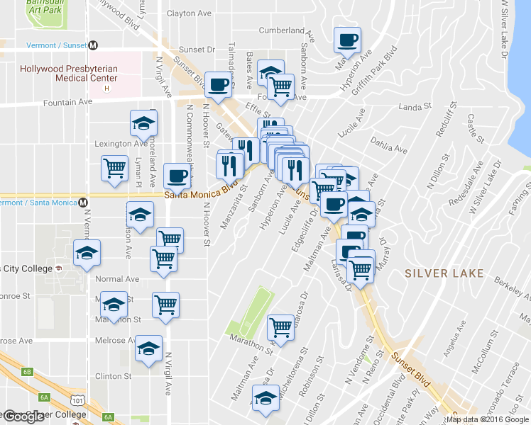 map of restaurants, bars, coffee shops, grocery stores, and more near 1016 Sanborn Avenue in Los Angeles