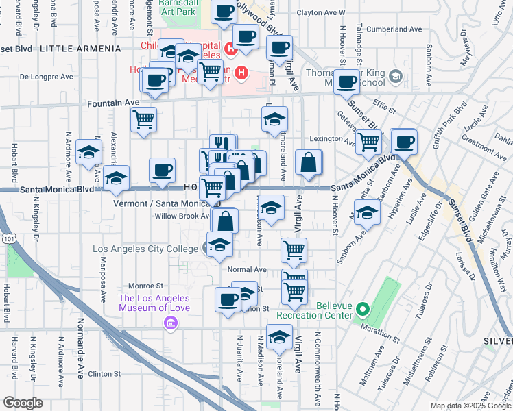 map of restaurants, bars, coffee shops, grocery stores, and more near 4620 Santa Monica Boulevard in Los Angeles