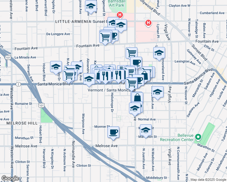 map of restaurants, bars, coffee shops, grocery stores, and more near 1028 North Berendo Street in Los Angeles
