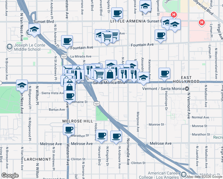 map of restaurants, bars, coffee shops, grocery stores, and more near 5206 Santa Monica Boulevard in Los Angeles