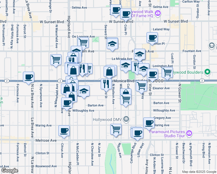 map of restaurants, bars, coffee shops, grocery stores, and more near 6600 Santa Monica Boulevard in Los Angeles