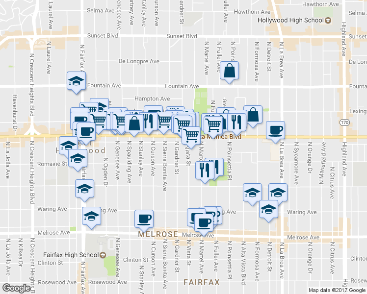 map of restaurants, bars, coffee shops, grocery stores, and more near 7496 Santa Monica Boulevard in West Hollywood