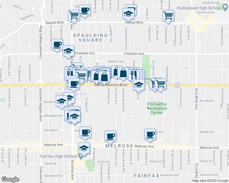 map of restaurants, bars, coffee shops, grocery stores, and more near in West Hollywood