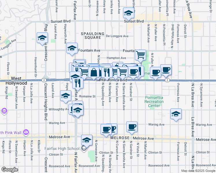 map of restaurants, bars, coffee shops, grocery stores, and more near in West Hollywood