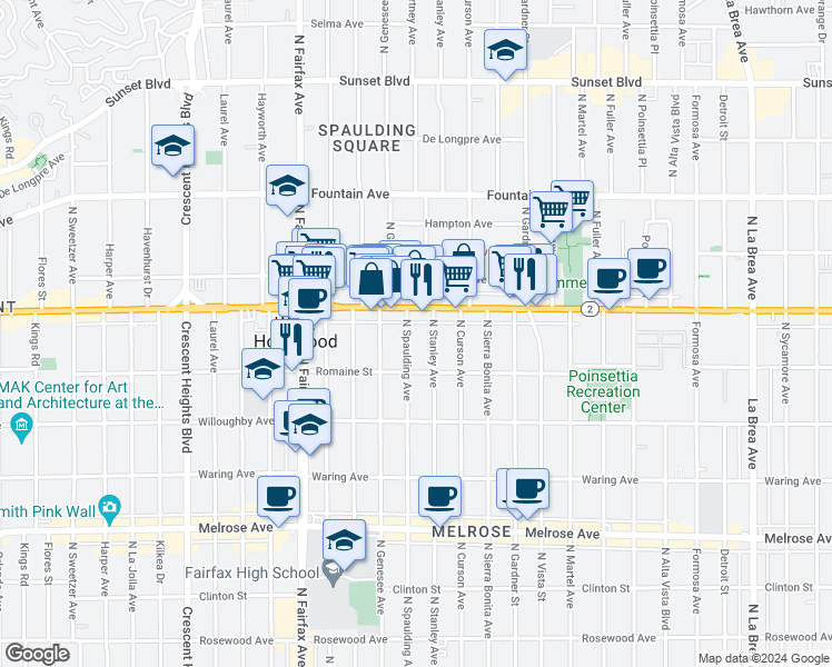 map of restaurants, bars, coffee shops, grocery stores, and more near in West Hollywood