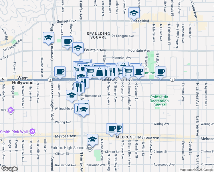 map of restaurants, bars, coffee shops, grocery stores, and more near in West Hollywood