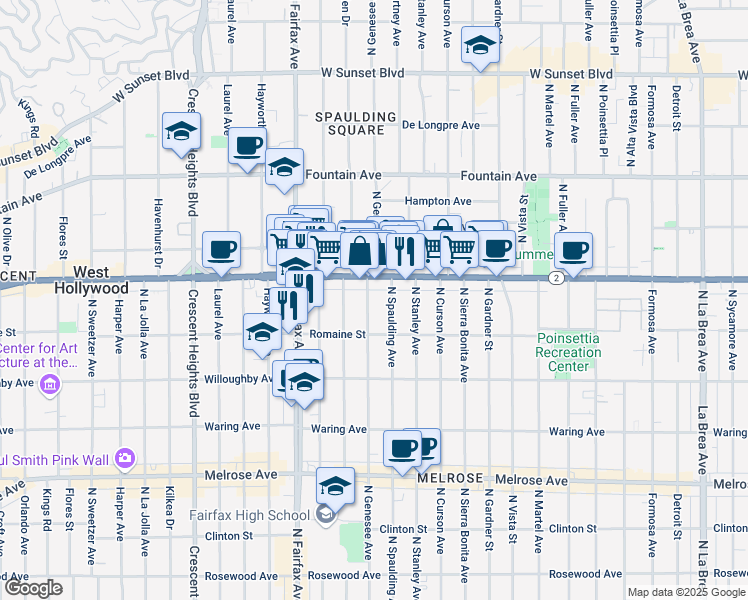 map of restaurants, bars, coffee shops, grocery stores, and more near in West Hollywood
