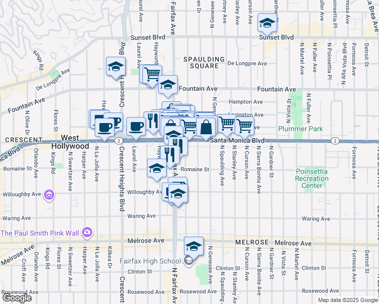 map of restaurants, bars, coffee shops, grocery stores, and more near 1062 North Orange Grove Avenue in West Hollywood