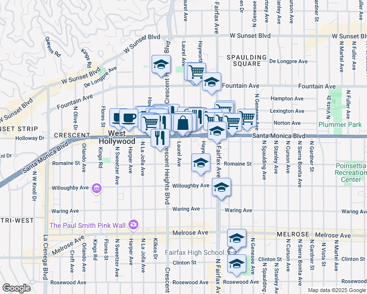 map of restaurants, bars, coffee shops, grocery stores, and more near in West Hollywood