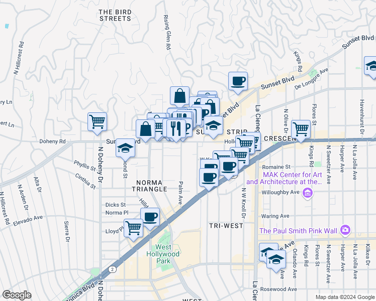 map of restaurants, bars, coffee shops, grocery stores, and more near in West Hollywood
