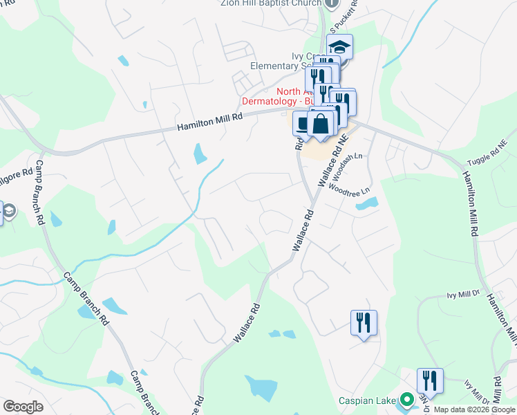map of restaurants, bars, coffee shops, grocery stores, and more near 3085 Hampton Bay Cove Northeast in Buford
