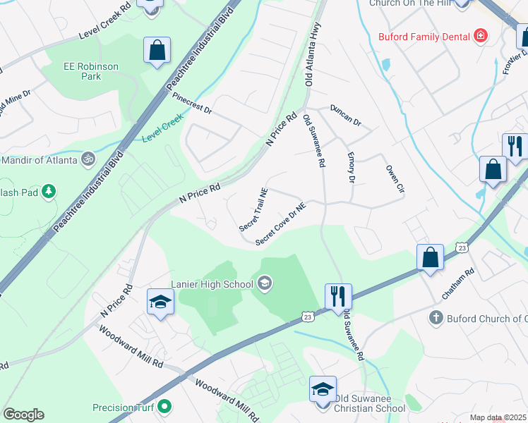 map of restaurants, bars, coffee shops, grocery stores, and more near 1052 Secret Trail Northeast in Sugar Hill