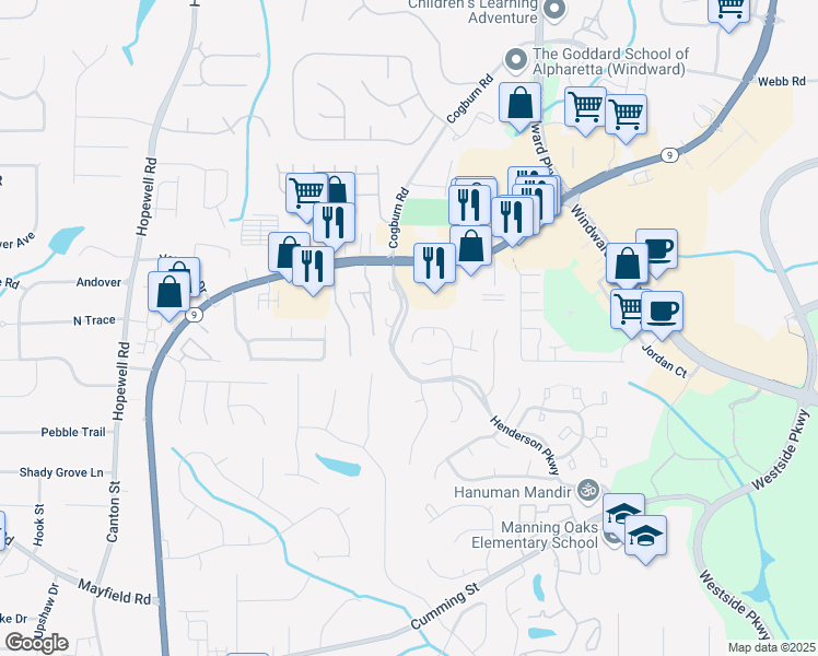 map of restaurants, bars, coffee shops, grocery stores, and more near 5185 North Somerset Lane in Alpharetta
