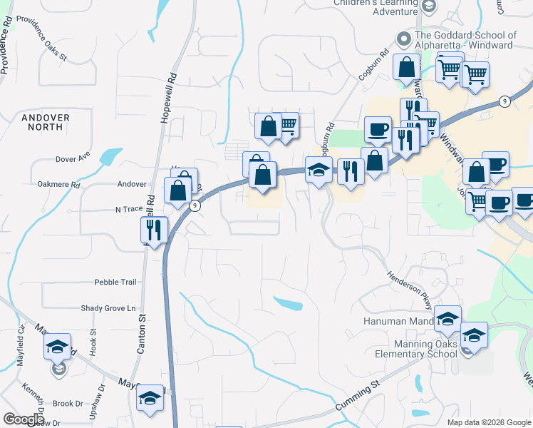 map of restaurants, bars, coffee shops, grocery stores, and more near 930 Winthrope Chase Court in Alpharetta