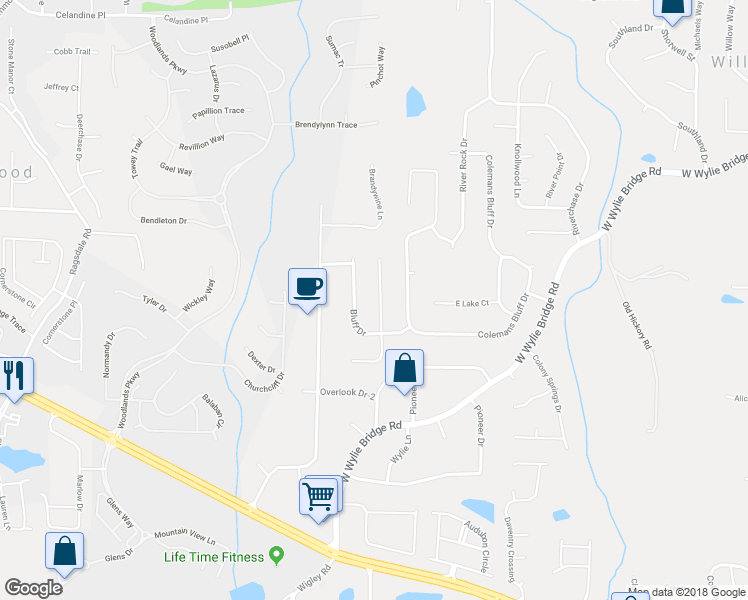 map of restaurants, bars, coffee shops, grocery stores, and more near 523 Bluff Court in Woodstock