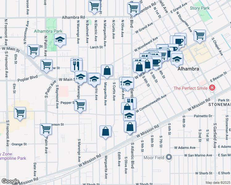 map of restaurants, bars, coffee shops, grocery stores, and more near 26 South Curtis Avenue in Alhambra