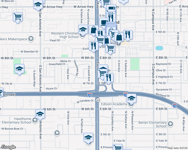 map of restaurants, bars, coffee shops, grocery stores, and more near 333 South Euclid Avenue in Upland