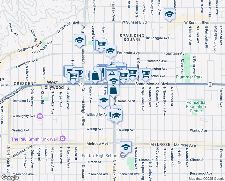 map of restaurants, bars, coffee shops, grocery stores, and more near in West Hollywood