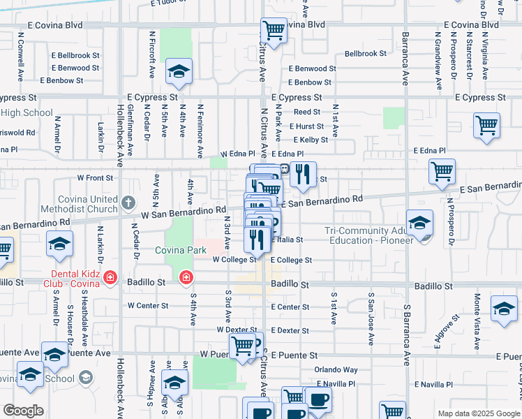 map of restaurants, bars, coffee shops, grocery stores, and more near 1108 East Ranchcreek Road in Covina