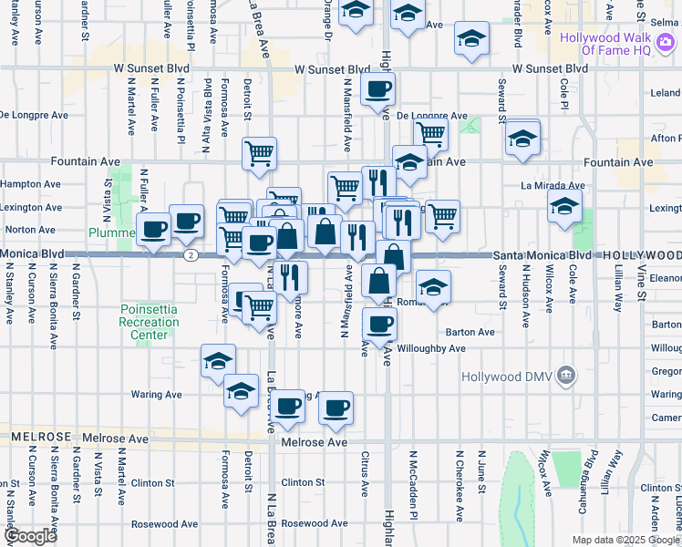 map of restaurants, bars, coffee shops, grocery stores, and more near 6914 California 2 in Los Angeles