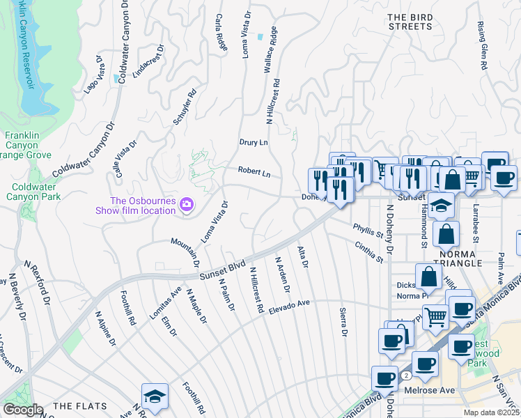 map of restaurants, bars, coffee shops, grocery stores, and more near 811 North Hillcrest Road in Beverly Hills