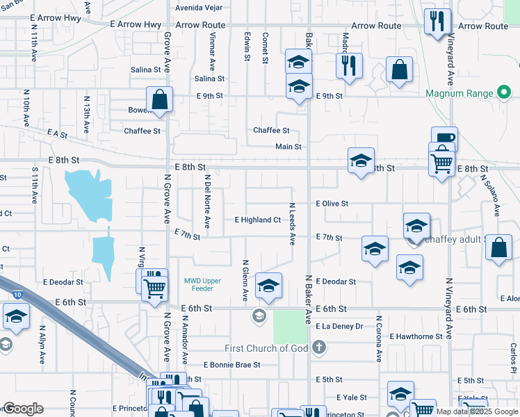 map of restaurants, bars, coffee shops, grocery stores, and more near 1488 East Olive Street in Ontario