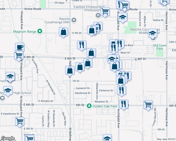 map of restaurants, bars, coffee shops, grocery stores, and more near 9500 7th Street in Rancho Cucamonga