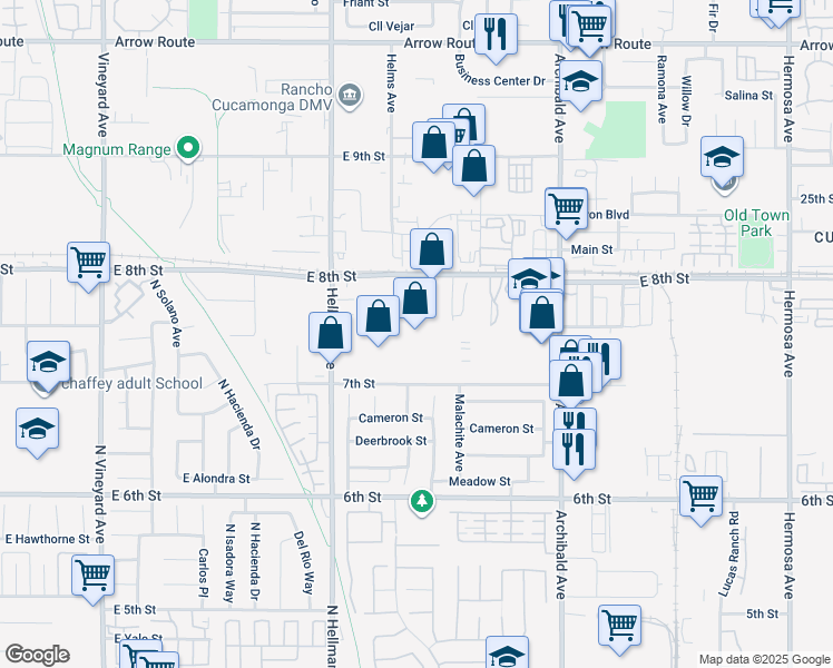 map of restaurants, bars, coffee shops, grocery stores, and more near 9500 7th Street in Rancho Cucamonga