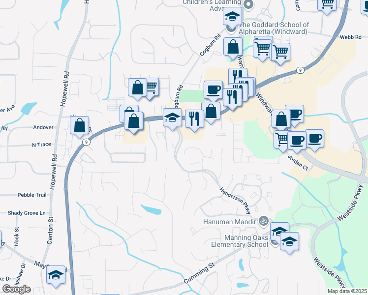 map of restaurants, bars, coffee shops, grocery stores, and more near 5185 North Somerset Lane in Alpharetta