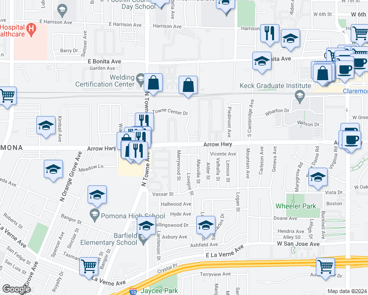 map of restaurants, bars, coffee shops, grocery stores, and more near 874 East Arrow Highway in Pomona