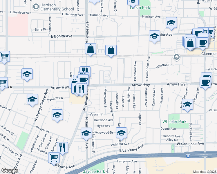 map of restaurants, bars, coffee shops, grocery stores, and more near 874 E Arrow Hwy in Pomona
