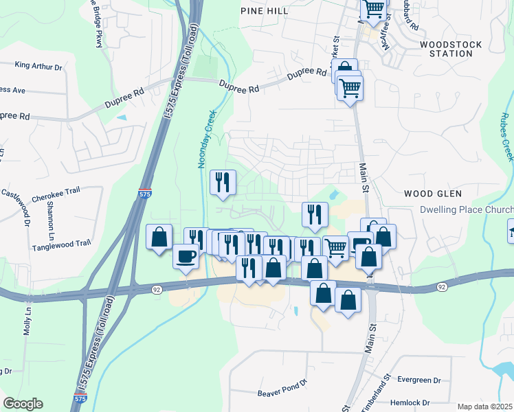 map of restaurants, bars, coffee shops, grocery stores, and more near 310 Creekstone Ridge in Woodstock