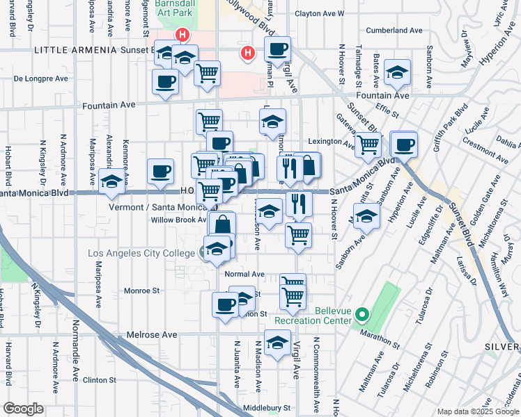 map of restaurants, bars, coffee shops, grocery stores, and more near 1010 North Madison Avenue in Los Angeles