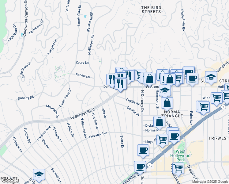map of restaurants, bars, coffee shops, grocery stores, and more near 9229-9255 Doheny Road in West Hollywood