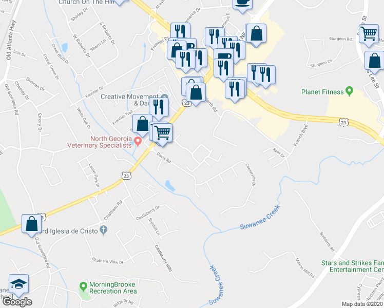 map of restaurants, bars, coffee shops, grocery stores, and more near 101 Hartford Run Northeast in Buford