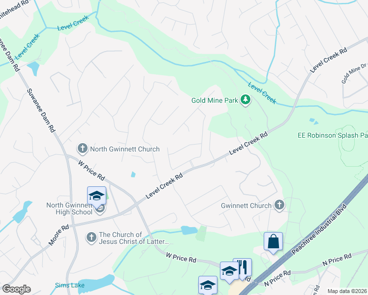 map of restaurants, bars, coffee shops, grocery stores, and more near 498 Ambrose Creek Drive in Buford