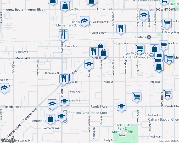 map of restaurants, bars, coffee shops, grocery stores, and more near 9011 Oleander Avenue in Fontana