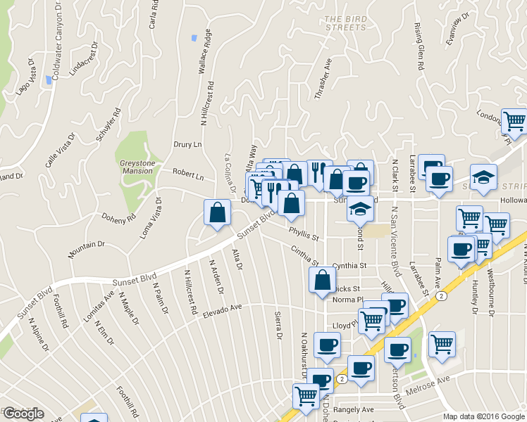 map of restaurants, bars, coffee shops, grocery stores, and more near 9255 W Sunset Blvd in West Hollywood