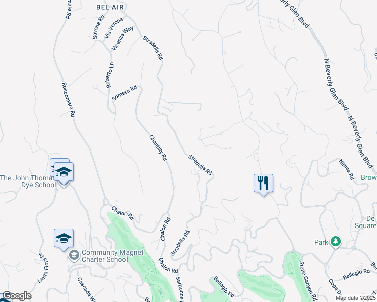 map of restaurants, bars, coffee shops, grocery stores, and more near 1016 Stradella Road in Los Angeles