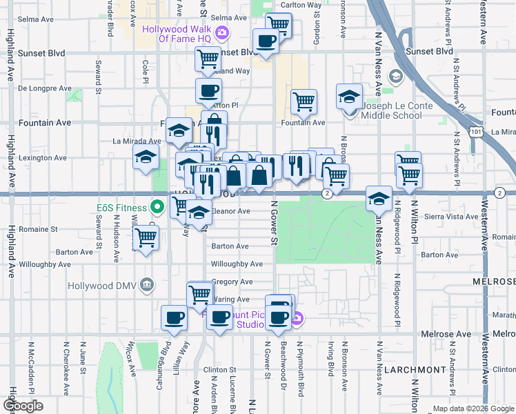 map of restaurants, bars, coffee shops, grocery stores, and more near 6029 Eleanor Avenue in Los Angeles