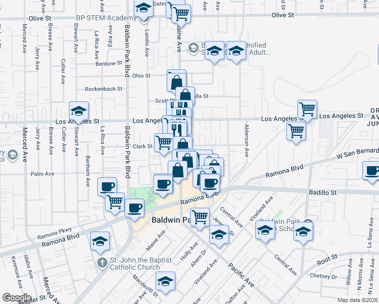 map of restaurants, bars, coffee shops, grocery stores, and more near 4303 Maupin Avenue in Baldwin Park
