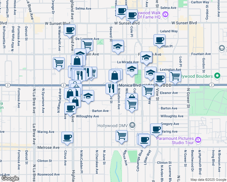 map of restaurants, bars, coffee shops, grocery stores, and more near 6600 Santa Monica Boulevard in Los Angeles