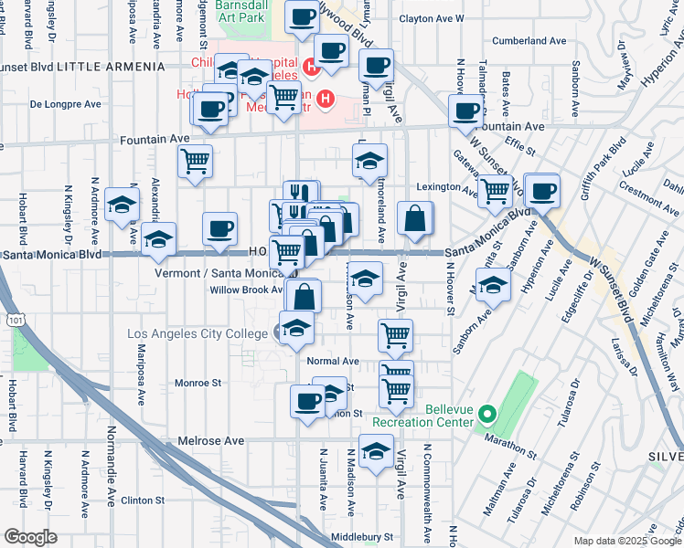 map of restaurants, bars, coffee shops, grocery stores, and more near 4509 Willow Brook Avenue in Los Angeles